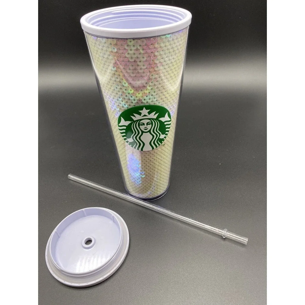 Starbucks 24oz Venti WHITE PINK SEQUIN Cold Cup Tumbler 2020‎ Holiday Purple Top